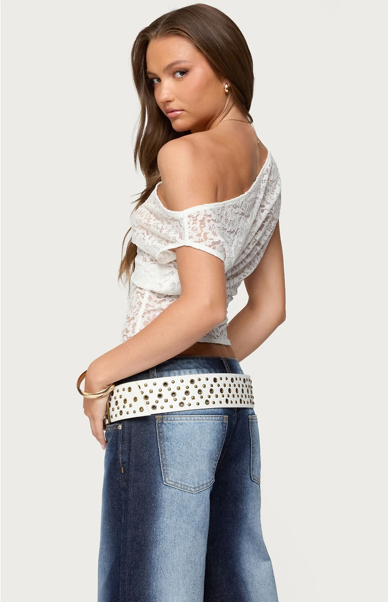 Edikted Kessa Sheer Lace Off Shoulder Top