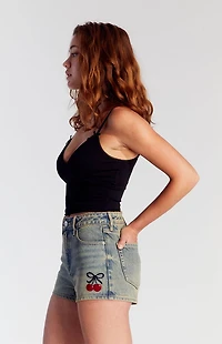 Pacsun Tinted Cherry Embroidered High Waisted Denim Festival Shorts