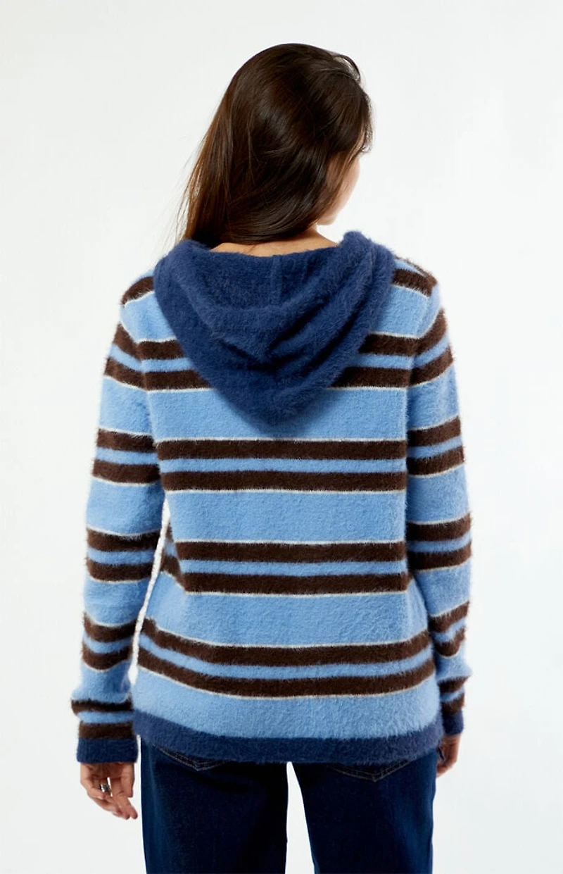 Daisy Street Striped Fluffy Knit Zip Up Hooded Sweater