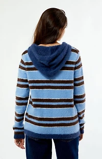 Daisy Street Striped Fluffy Knit Zip Up Hooded Sweater
