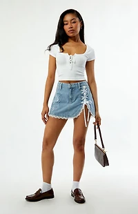 Playboy By PacSun Lace-Up Denim Mini Skirt