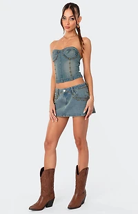 Edikted Studded Low Rise Washed Denim Mini Skirt