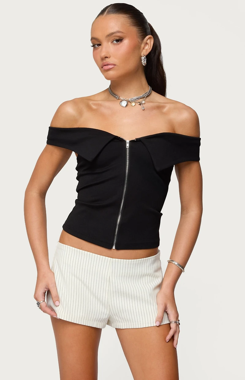 Edikted Collared Off Shoulder Zip Up Top