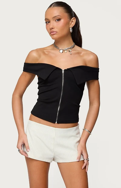 Edikted Collared Off Shoulder Zip Up Top