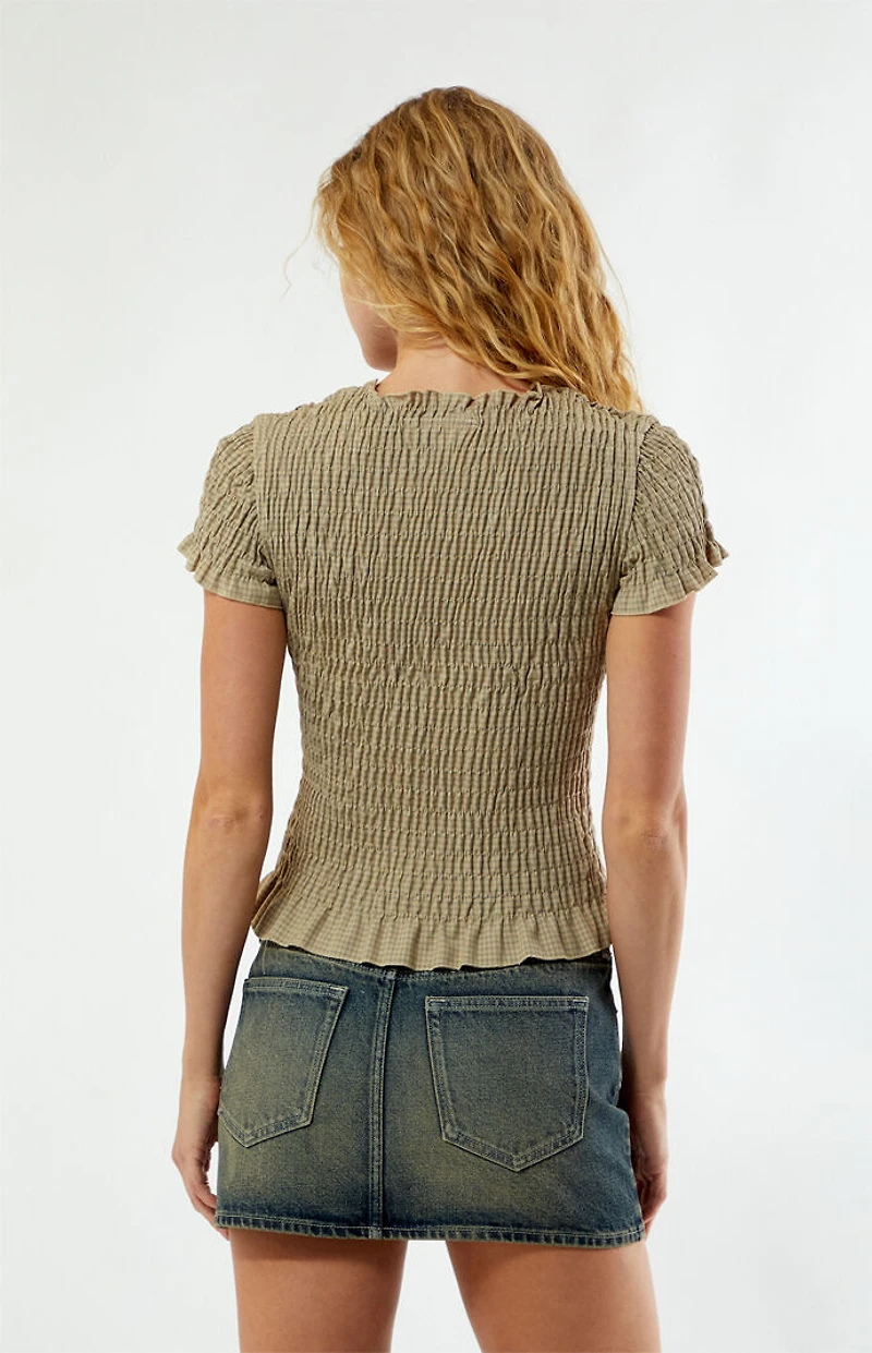 Daisy Street Beige Checker Shirred Short Sleeve Top