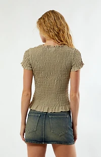 Daisy Street Beige Checker Shirred Short Sleeve Top