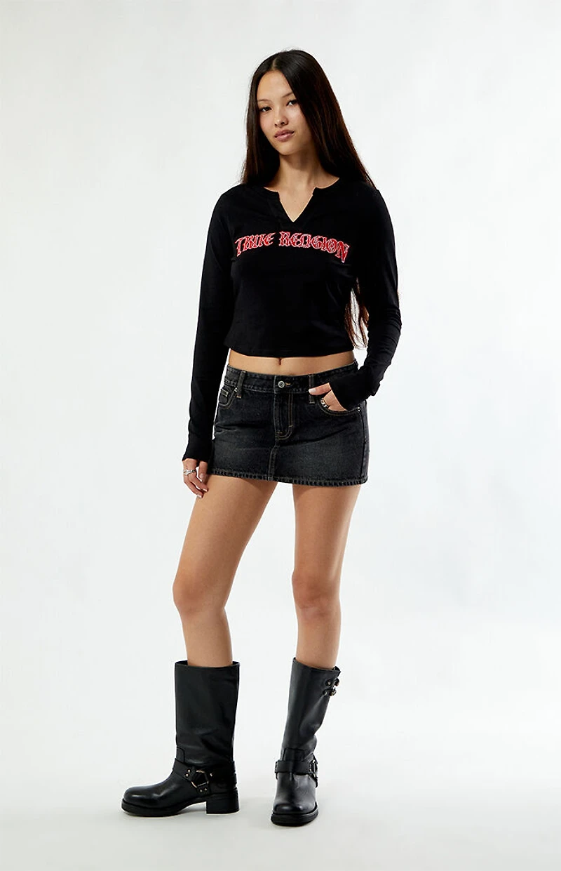 True Religion Applique Crystal Notched V Long Sleeve Top