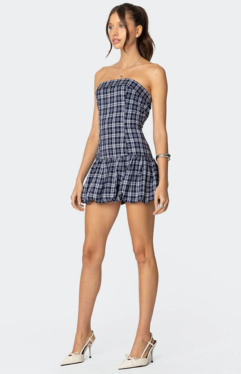 Edikted Plaid Strapless Bubble Mini Dress
