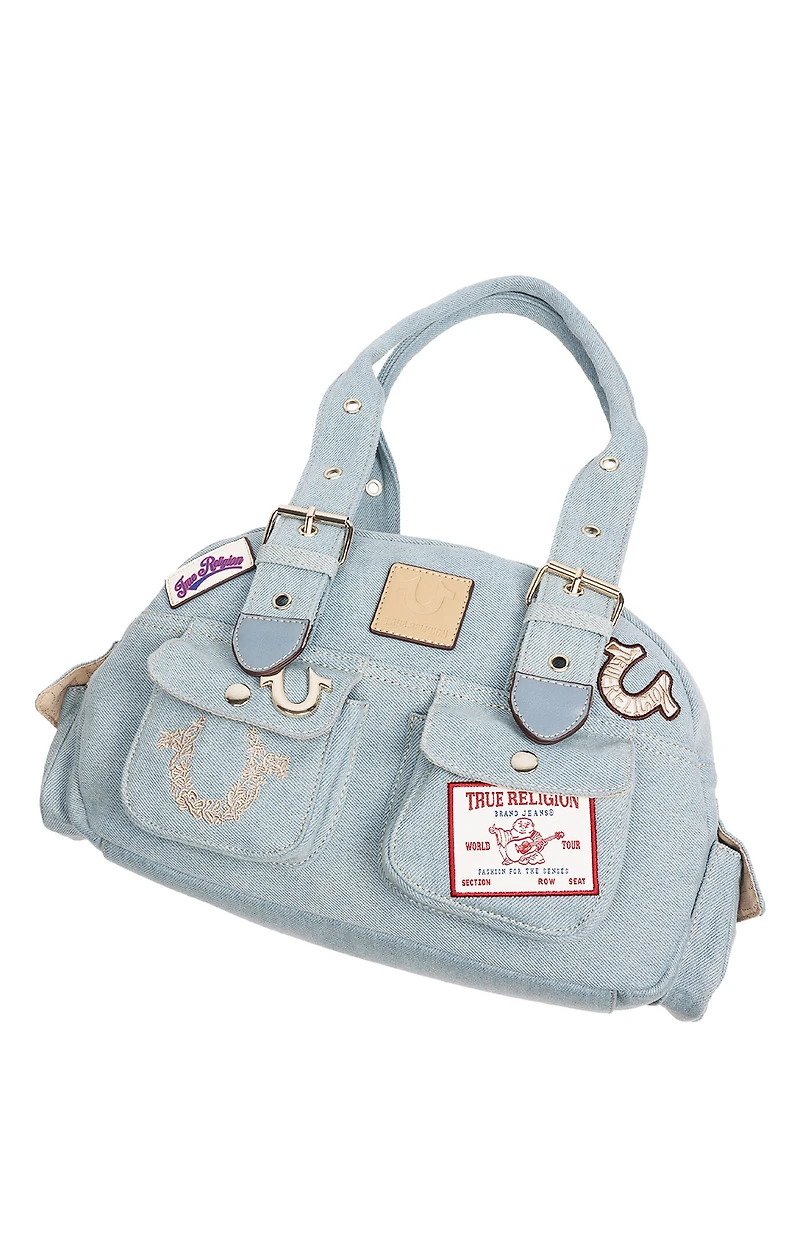 True Religion Blue Denim Multi Patch Satchel Bag