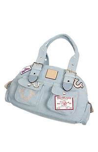 True Religion Blue Denim Multi Patch Satchel Bag