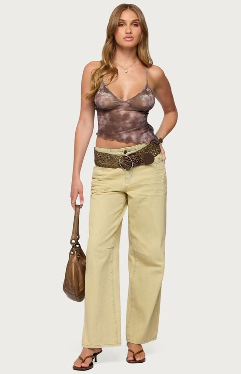 Edikted Embroidered Asymmetric Printed Mesh Top