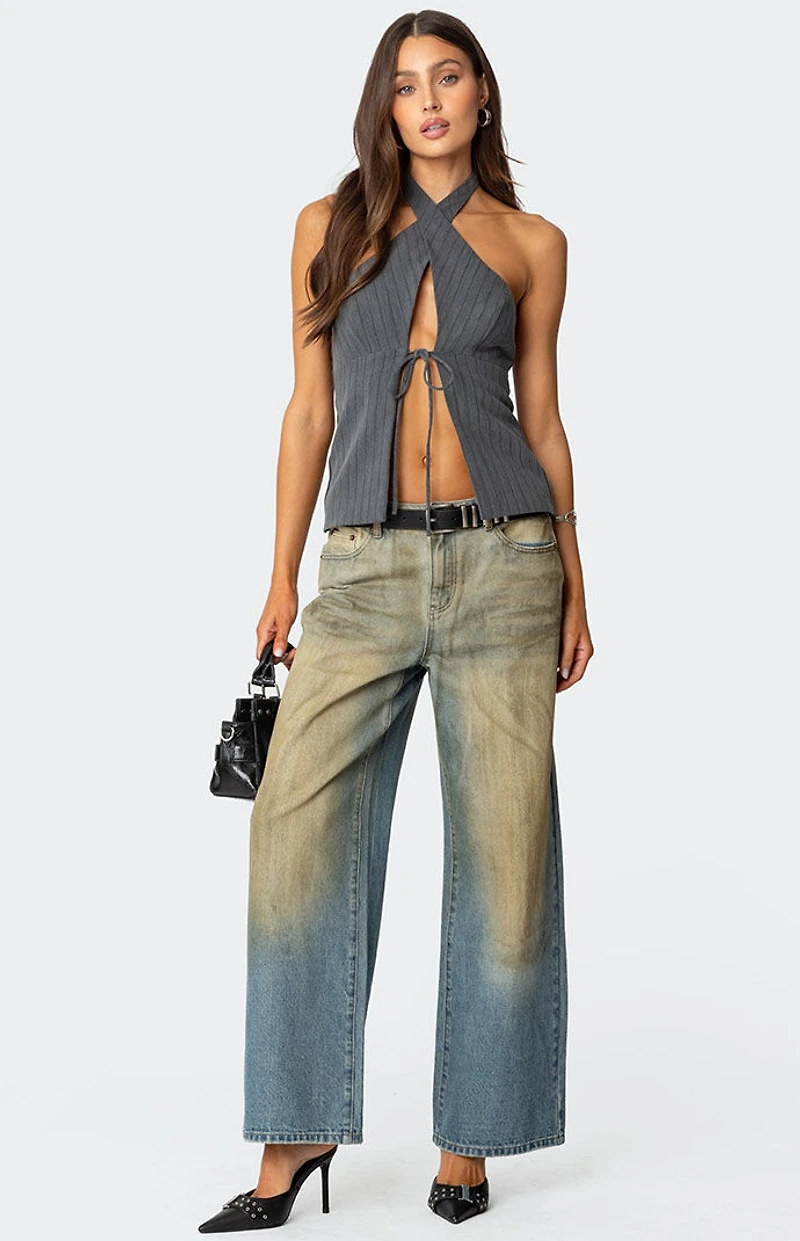 Edikted Split Front Pinstripe Halter Top