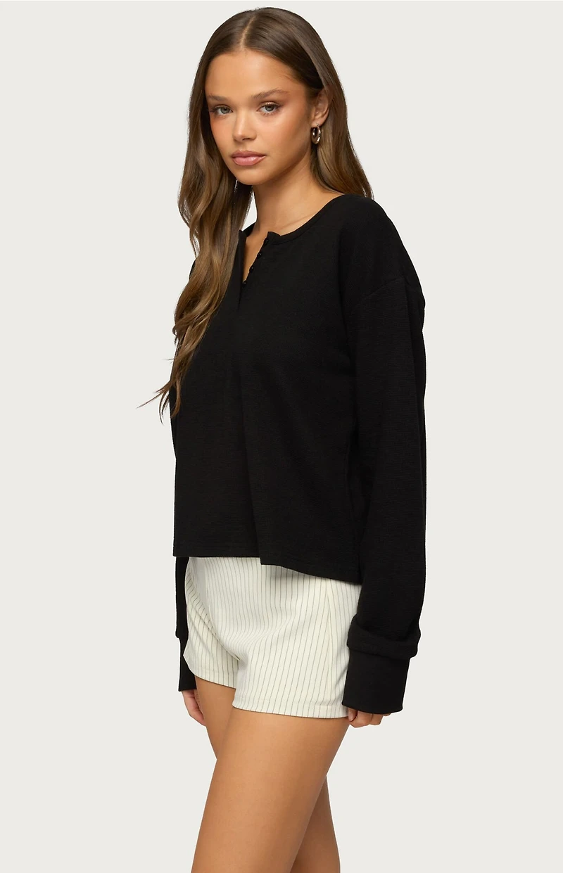 Edikted Deni Long Sleeve Henley Waffle Top