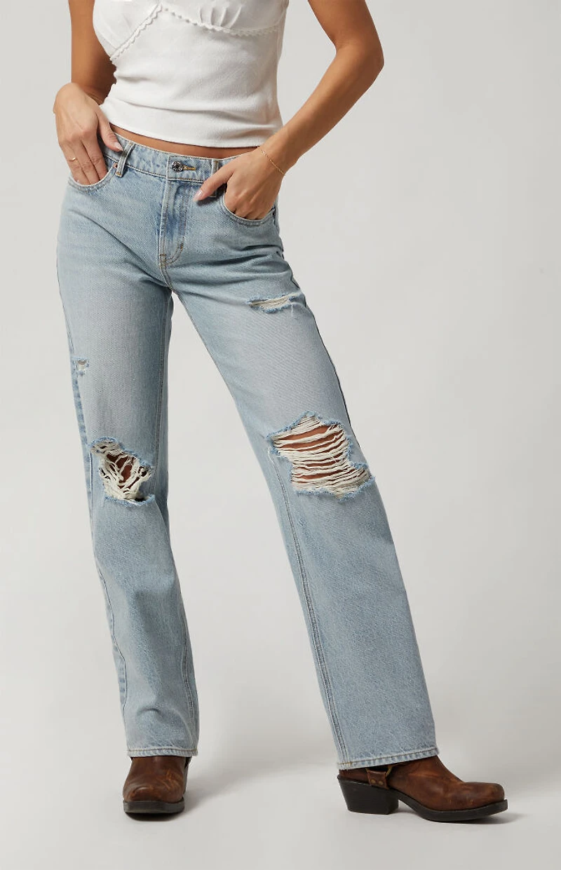 Pacsun Jordyn Low Rise Straight Leg Jeans Ripped Knee Light Indigo