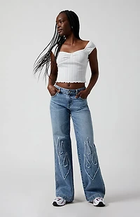 Pacsun Casey Low Rise Baggy Jeans Frayed Flame Patch Medium Indigo