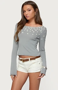 Edikted Iridescent Button Boat Neck Top