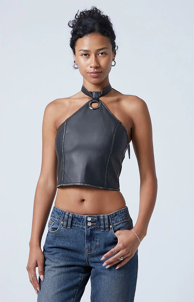 Third Charm Leah Faux Leather Halter Top
