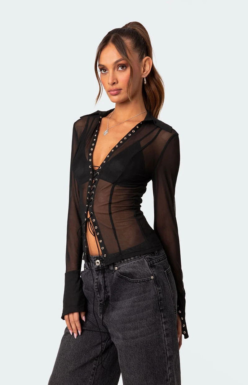 Edikted Lace Up Sheer Mesh Top