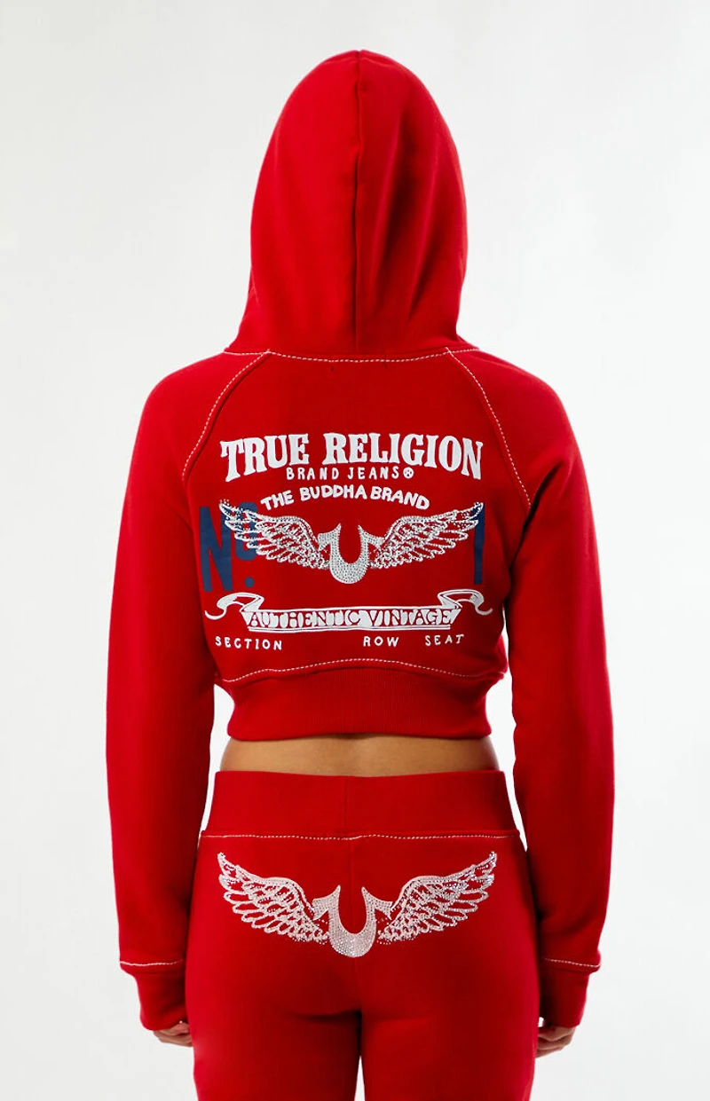 True Religion Crystal Big T Zip Up Cropped Hoodie