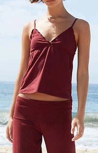 John Galt Burgundy Tiffany Bow Lettuce Edge Tank Top