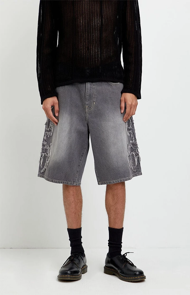 Pacsun Austin Extreme Baggy Jean Shorts Cyber Applique Faded Gray
