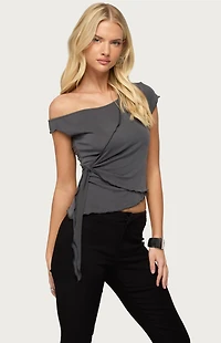 Edikted Asymmetric Off Shoulder Wrap Top