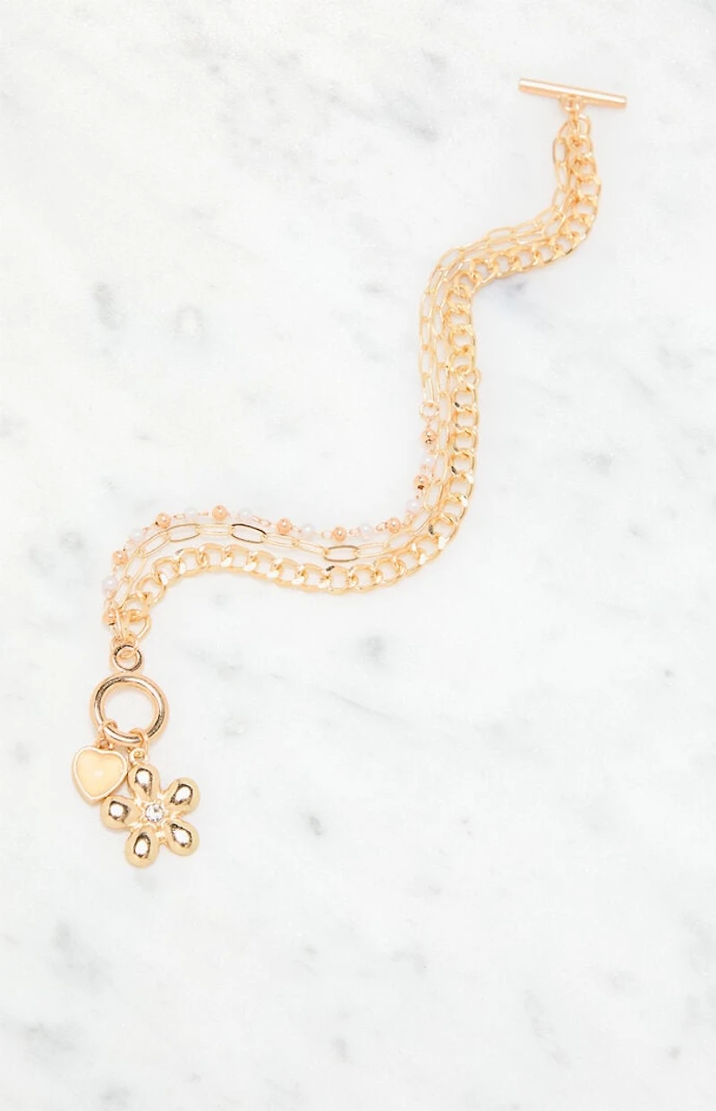 LA Hearts Flower Charm Chain Bracelet