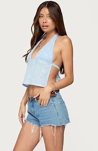 Edikted Floral Eyelet Backless Halter Top
