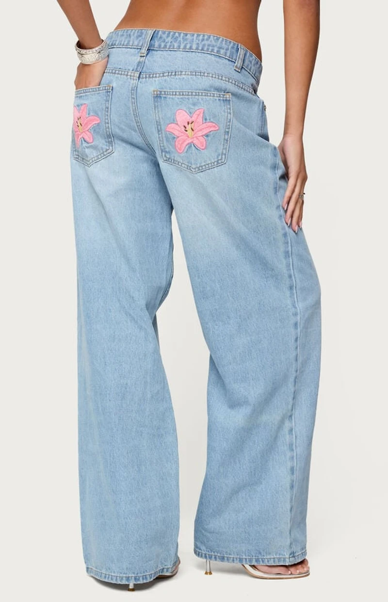 Edikted Mirra Embroidered Flower Low Rise Jeans