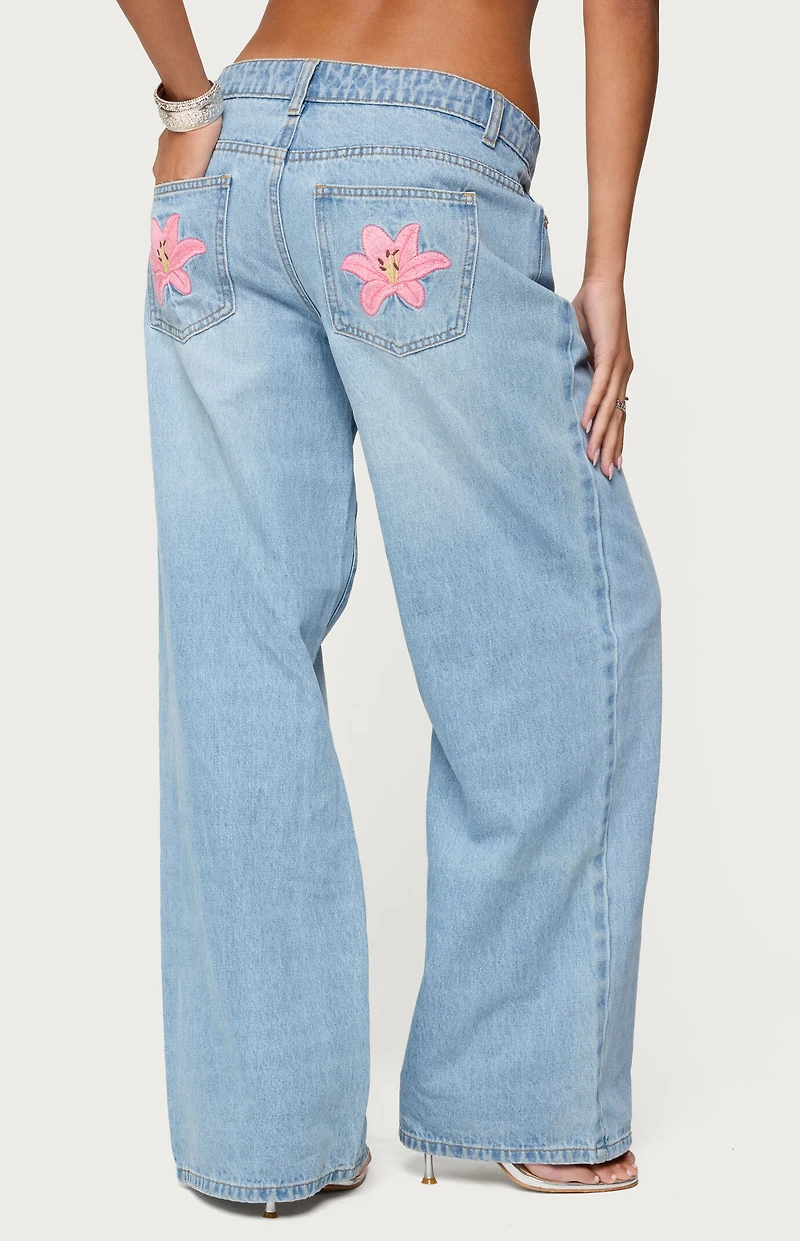 Edikted Mirra Embroidered Flower Low Rise Jeans