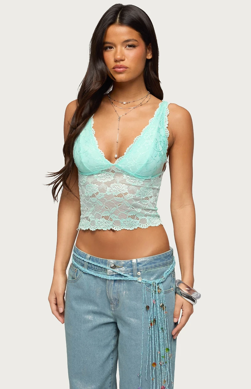 Edikted Vanya Sheer Lace V Neck Top