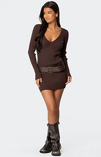 Edikted Ribbed Knit V Neck Mini Dress