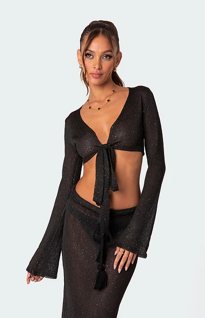 Edikted Micro Sequin Tie Front Knit Crop Top