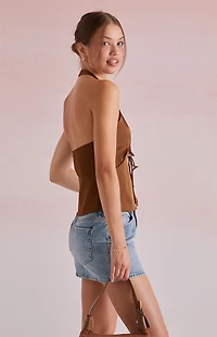 Beverly and Beck Celine Satin Tie Front Halter Top