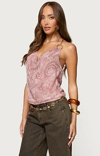 Edikted Printed Halter Chain Cowl Neck Top