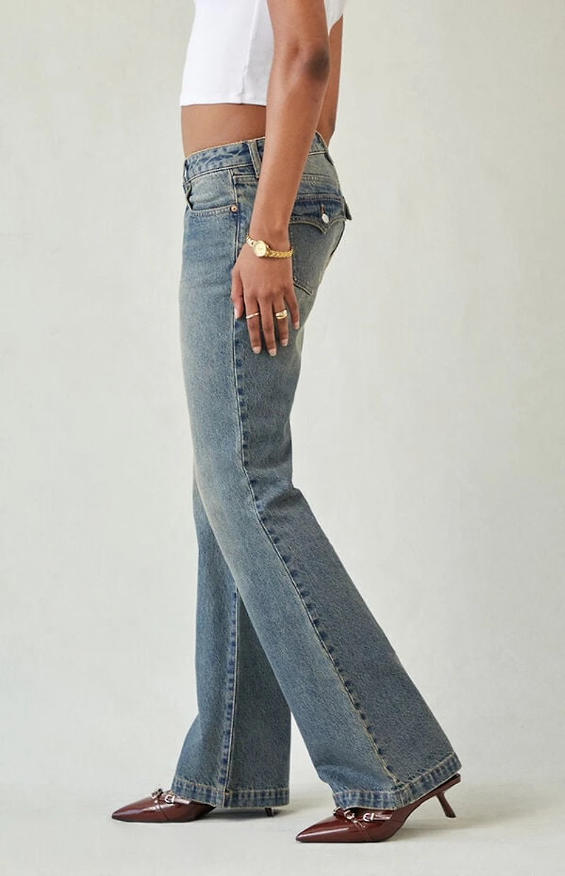 Pacsun Jade Low Rise Bootcut Jeans Button Pocket Dark Blue