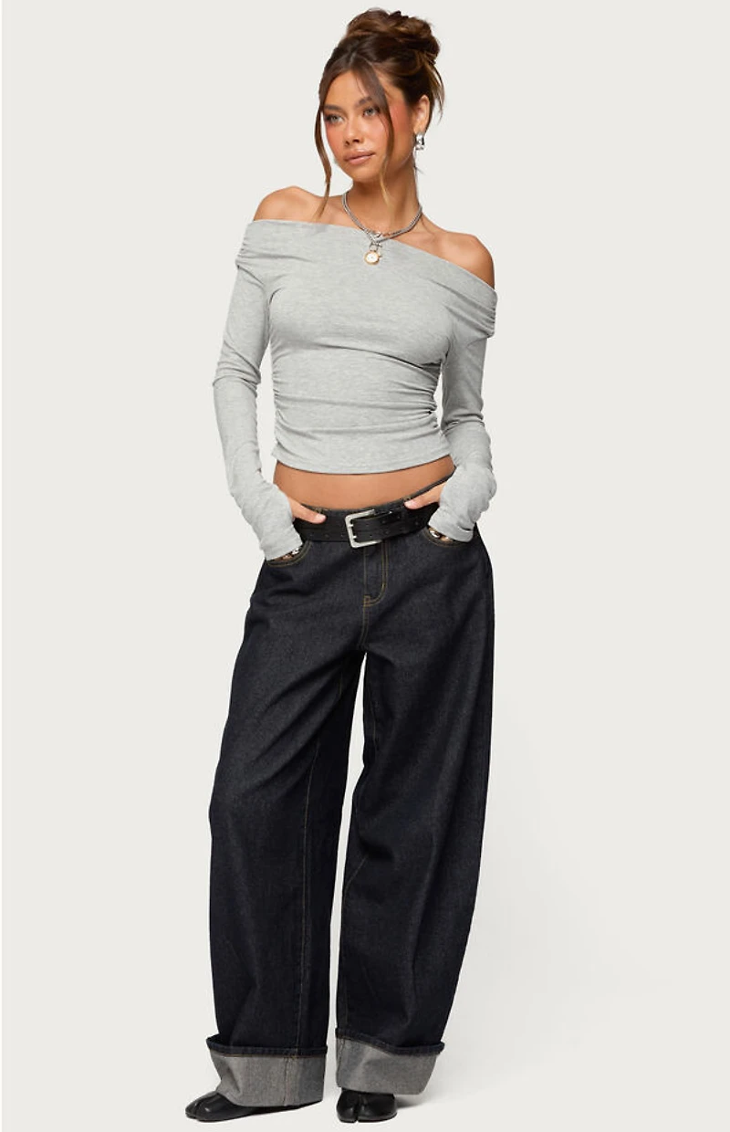 Edikted Milane Ruched Off Shoulder Ribbed Top