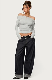 Edikted Milane Ruched Off Shoulder Ribbed Top