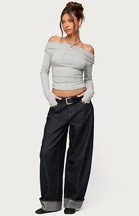 Edikted Milane Ruched Off Shoulder Ribbed Top