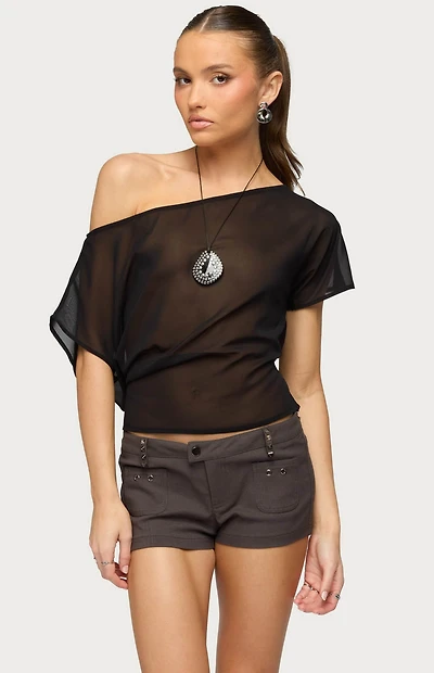 Edikted Noria Sheer Chiffon Off Shoulder Top