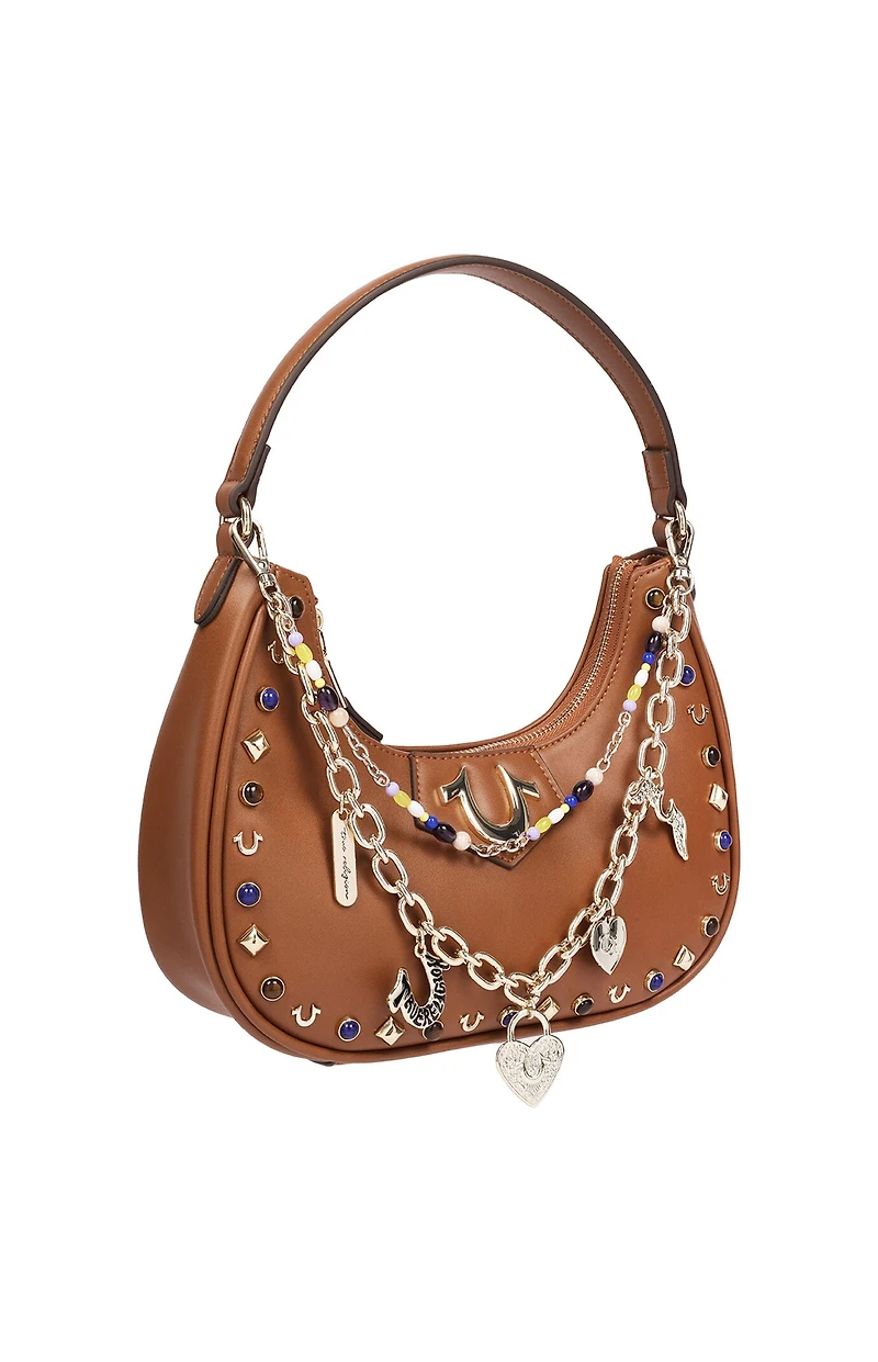True Religion Chain & Studs Faux Leather Hobo Bag