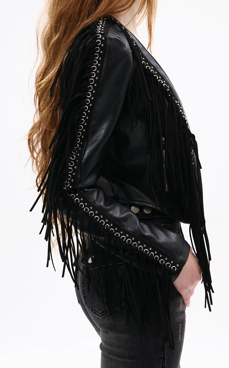 AZALEA WANG Olivier Black Faux Leather Fringe Western Jacket