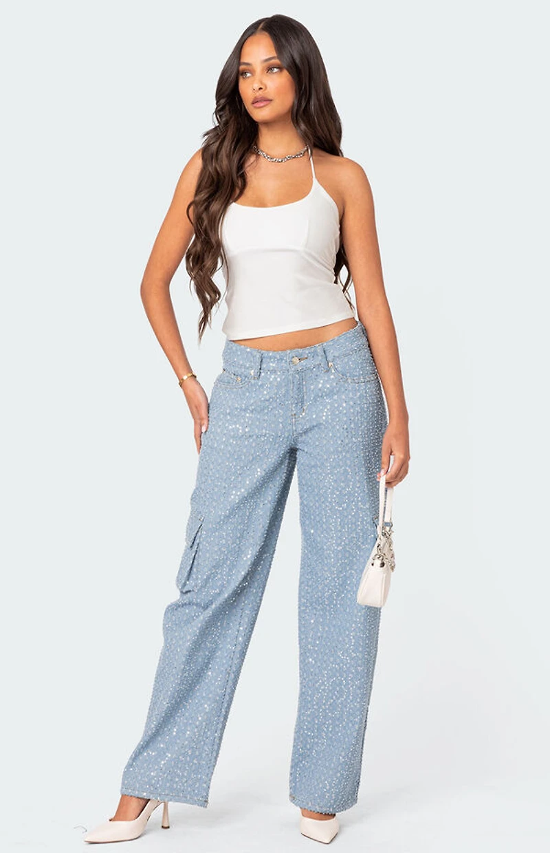 Edikted Icing Sequin Low Rise Cargo Jeans
