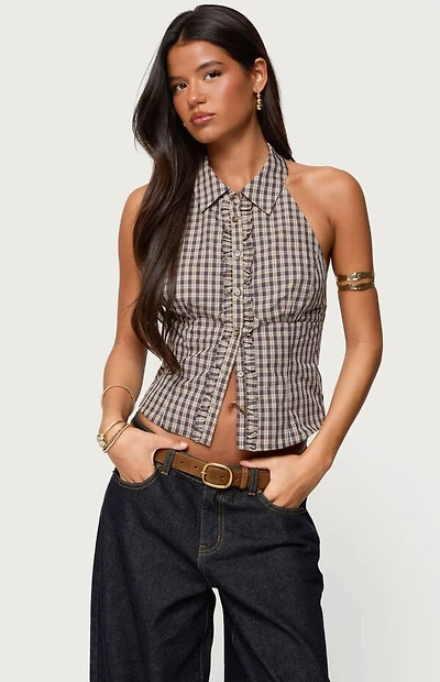 Edikted Imrie Plaid Collared Halter Top