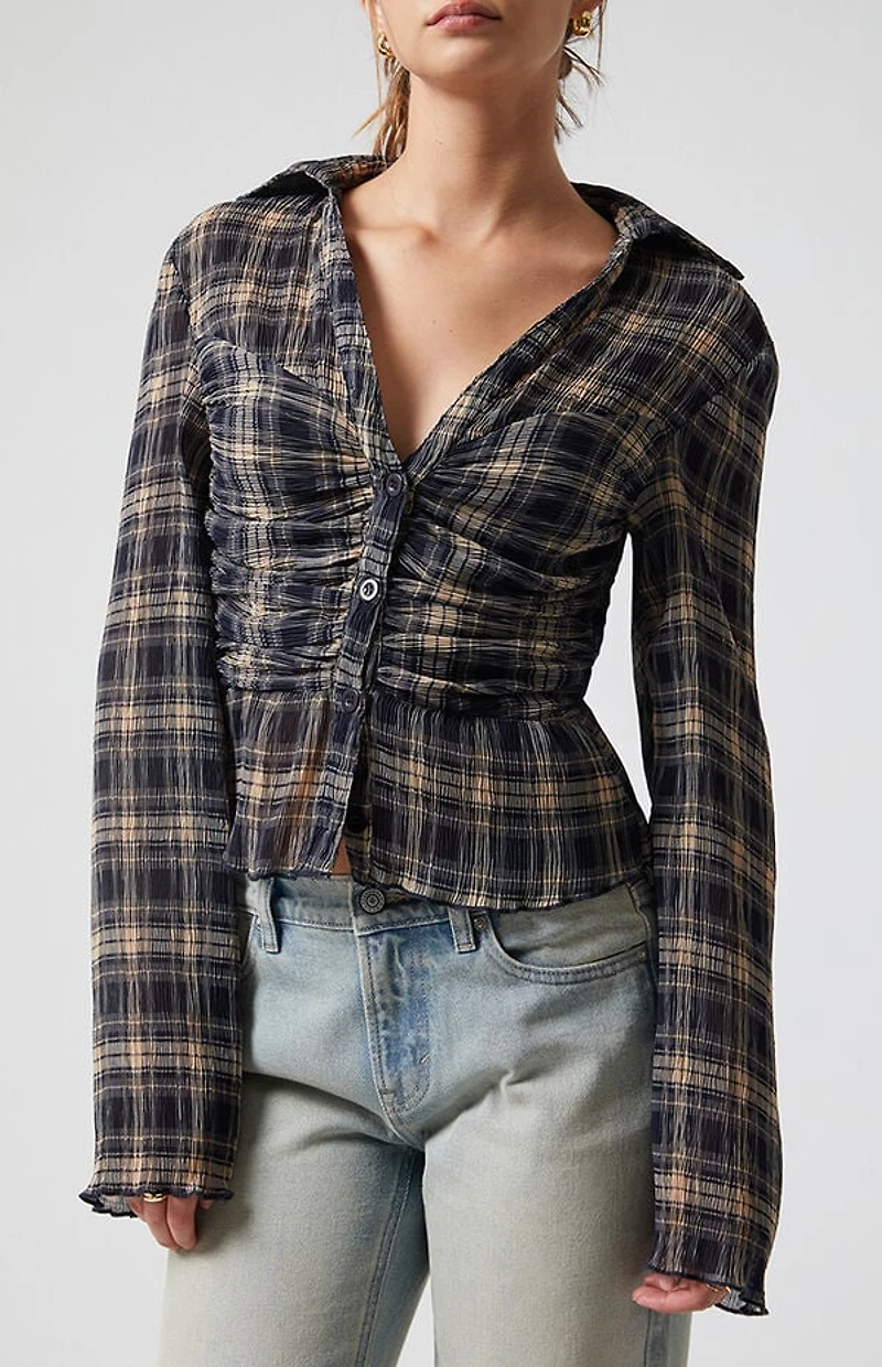 Beverly and Beck Sara Plaid Button Up Long Sleeve Top