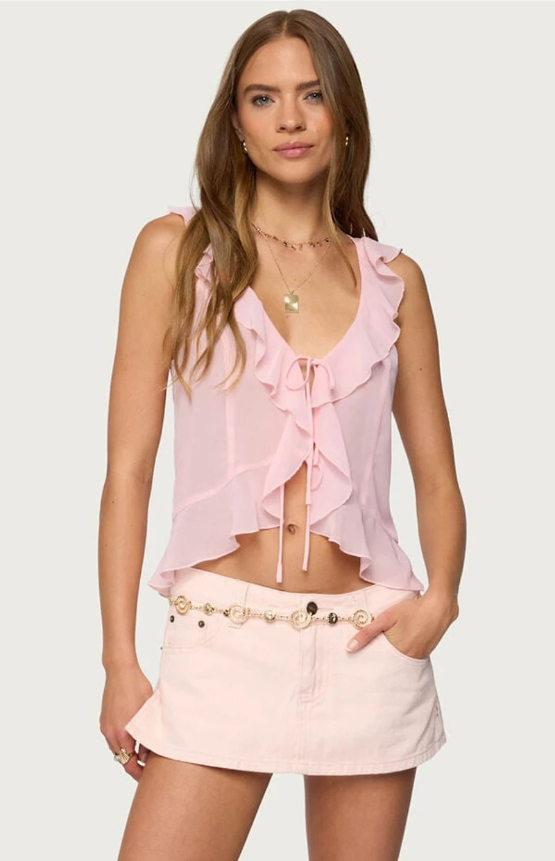 Edikted Roxan Ruffle Chiffon Tie Front Top