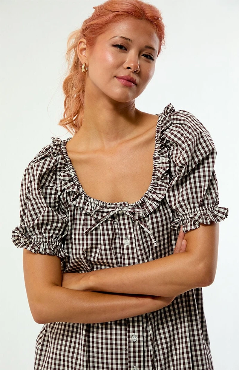WEWOREWHAT Gingham Puff Sleeve Button Up Mini Dress