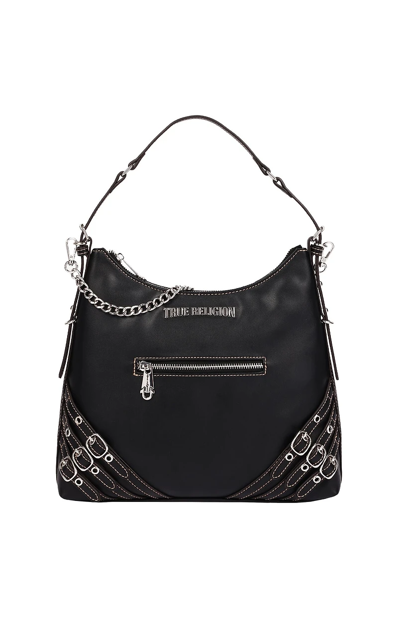 True Religion Black Triple Straps Large Faux Leather Hobo Bag