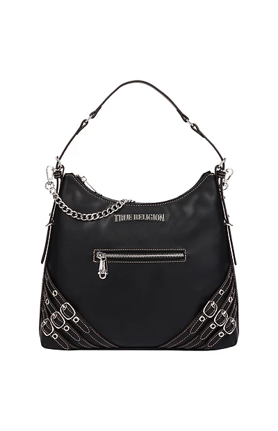 True Religion Black Triple Straps Large Faux Leather Hobo Bag