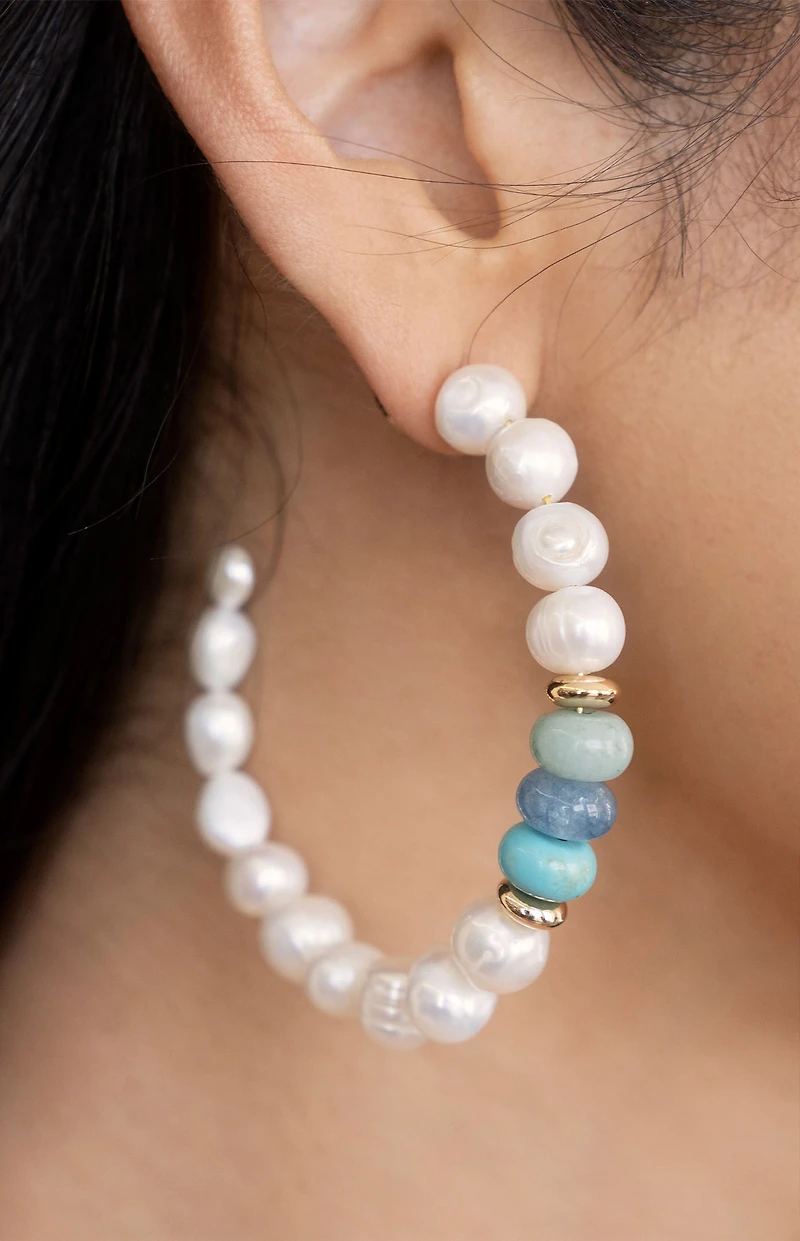Ettika Beach Day Pearl and Blue Gemstone Hoop Earrings